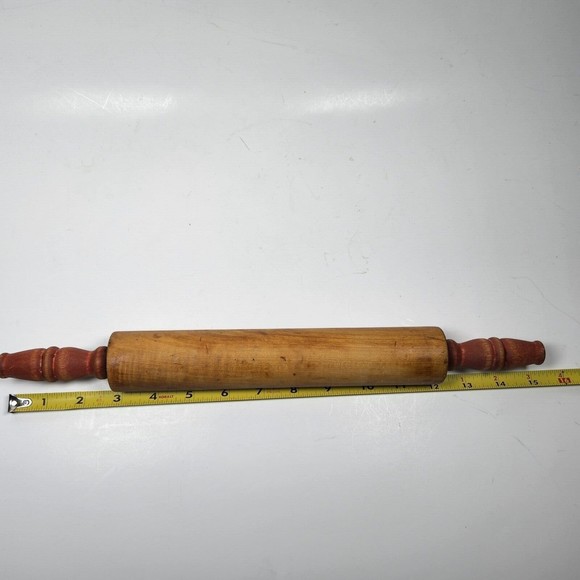Vintage Red Handle Rolling Pin Thin Wood Rustic Farmhouse Kitchen - Picture 4 of 6